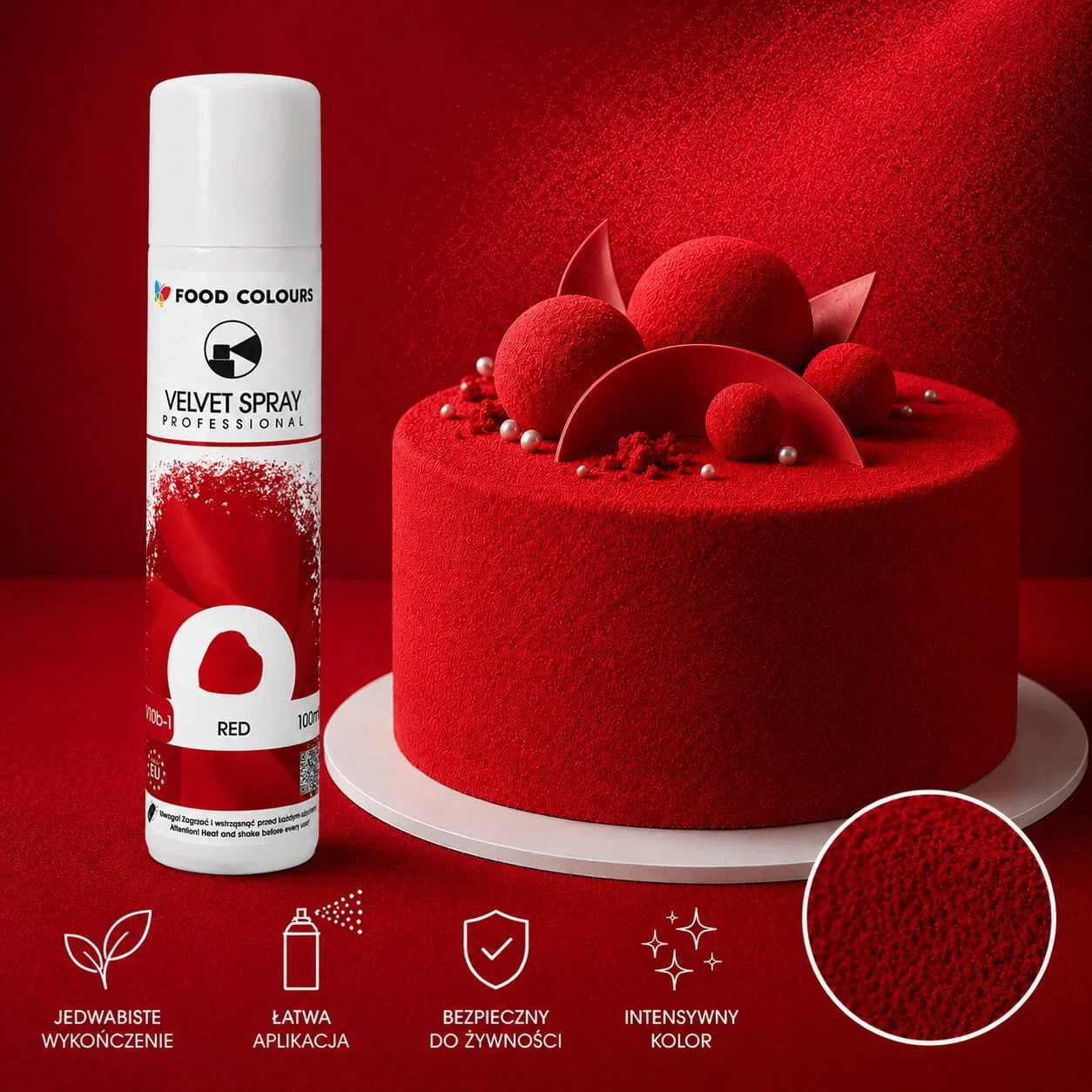Czerwony zamsz w sprayu do tortów - 100-250 ml 4 Czerwony zamsz w sprayu do tortów - 100 i 250 ml - producent - Food Colours - sklep - colorcake.pl