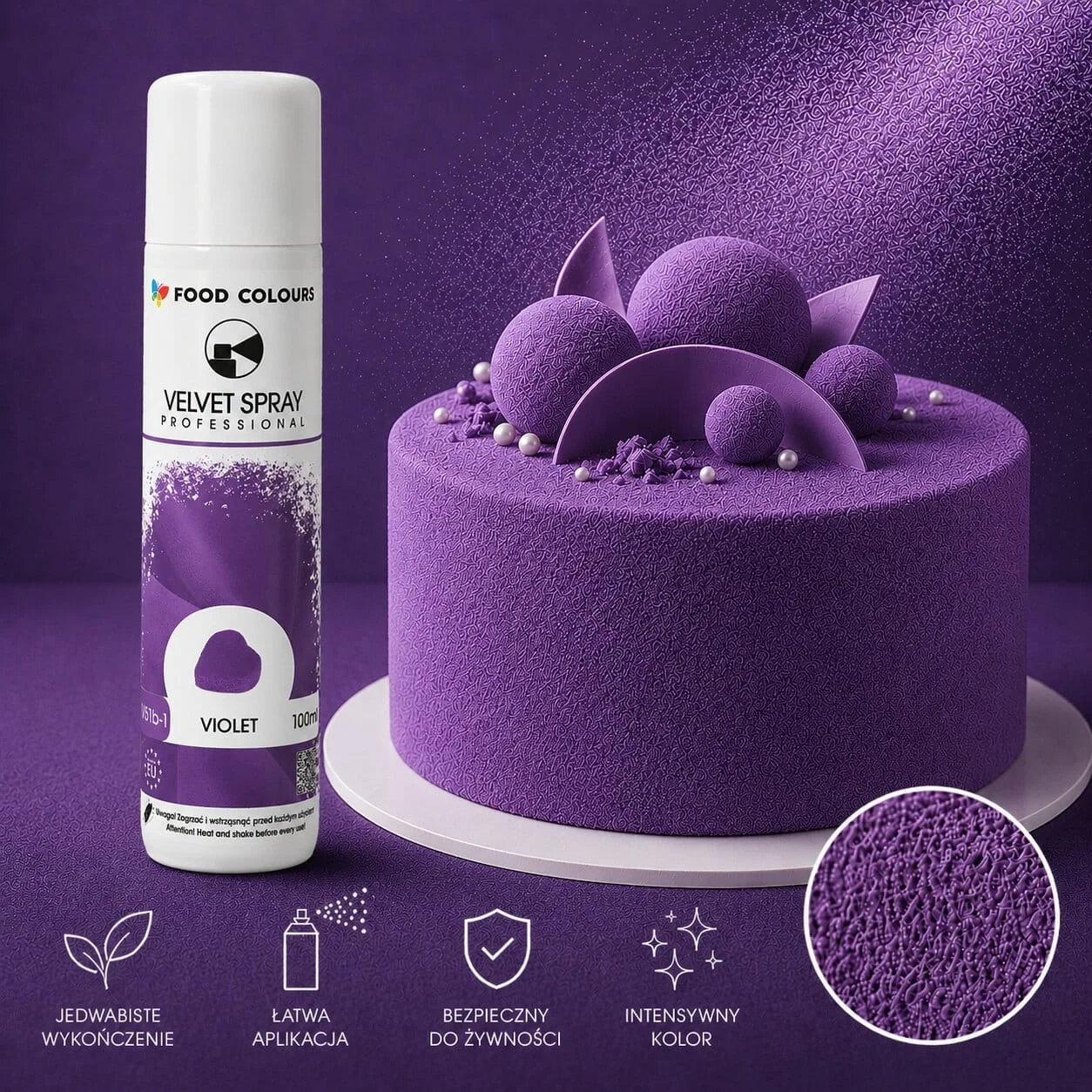 Fioletowy zamsz w sprayu do tortów - 100-250 ml 4 Fioletowy zamsz w sprayu do tortów dla cukierni domowych i profesjonalnych - sklep internetowy colorcake.pl