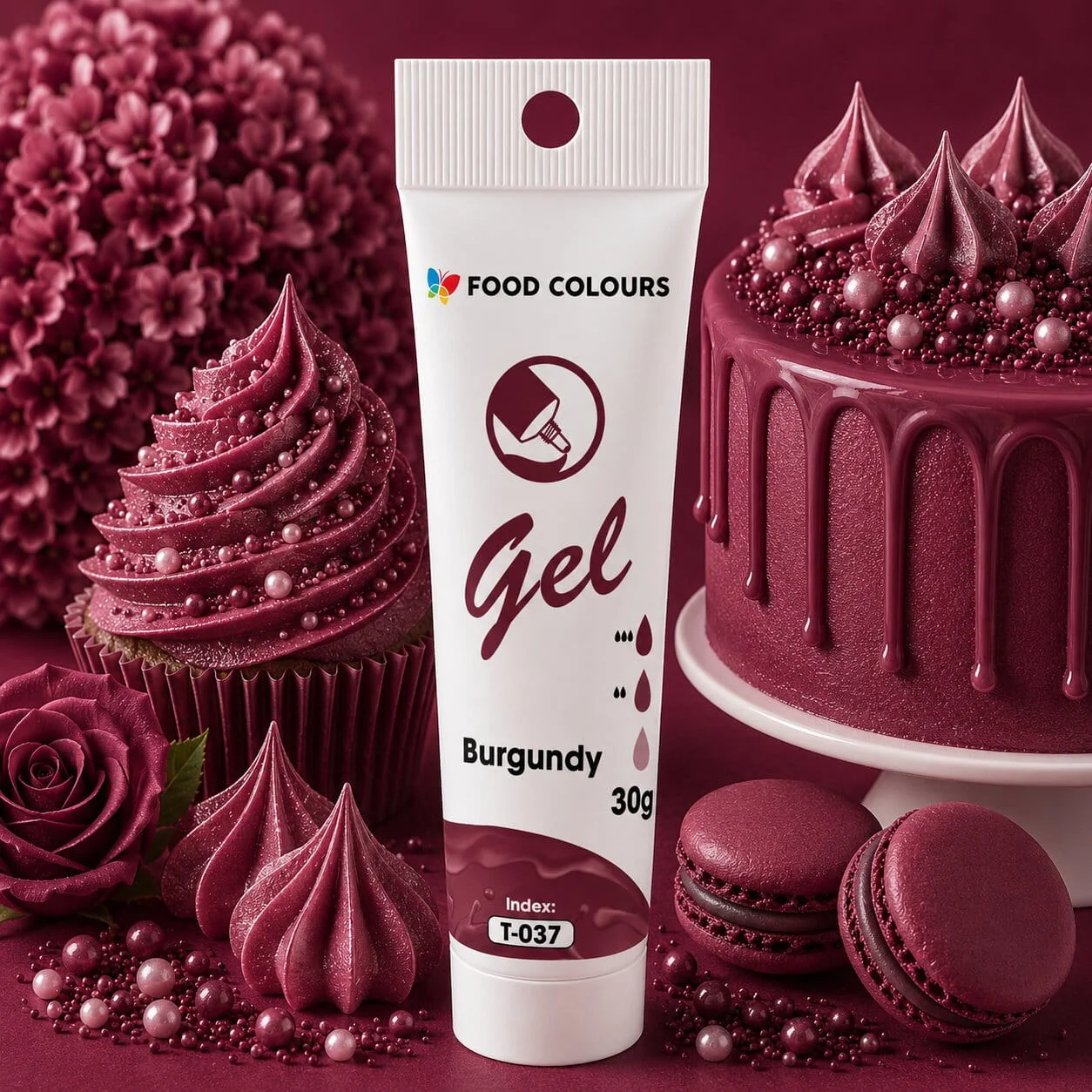 Burgundy barwnik w żelu - tubka 30g Food Colours 3 Bordowy barwnik do kremów i lukrów 30g tubka Food Colours - sklep internetowy Colorcake.pl