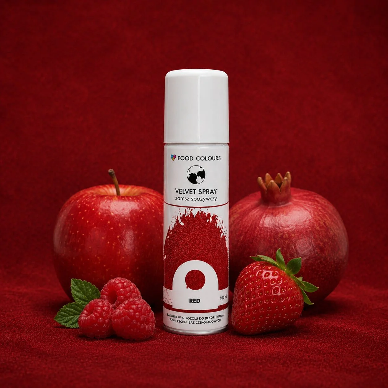Czerwony zamsz w sprayu do tortów - 100-250 ml 3 Czerwony zamsz w sprayu do tortów i propozycje dodatków - sklep internetowy - colorcake.pl